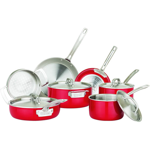 Viking 2-Ply 11pc Cookware Set, Stainless Steel Lids, Red