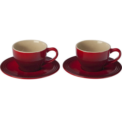 Le Creuset 7 oz. each Set of 2 Cappuccino Cups and Saucers - Cerise