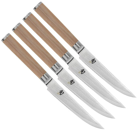 Shun Classic Blonde 4 Pc Steak Knife Set: Four Steak Knives (DM0711W) in a boxed set.