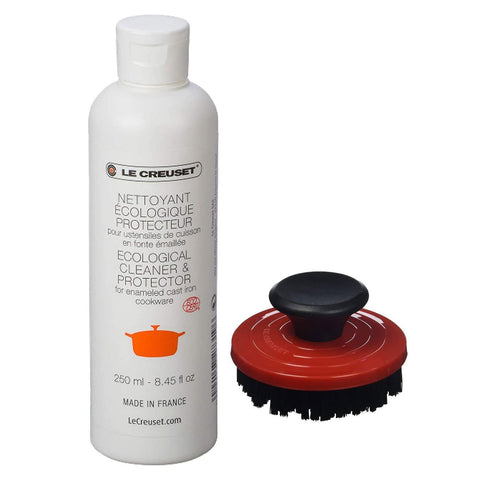 Le Creuset 2-Piece Cleaning Set, Nylon Brush Kitchen Product, 3.25", Cerise with Enameled Cast Iron 8.45 fl. oz. Cookware Cleaner