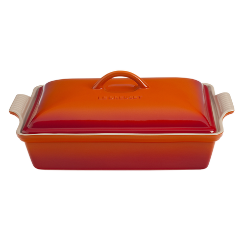 LE CREUSET 12'' X 19'' HERITRAGE COVERED RECTANGULAR CASSEROLE - FLAME