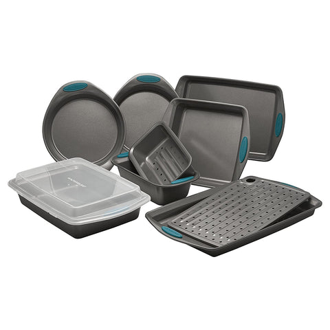Rachael Ray Nonstick Bakeware Set with Grips includes Nonstick Bread Pan, Baking Pans, Cookie Sheet, Baking Sheet and Cake Pans - 10 Piece, Gray with marine blue grips