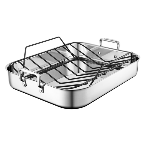 LE CREUSET STAINLESS STEEL ROASTING PAN WITH NONSTICK RACK
