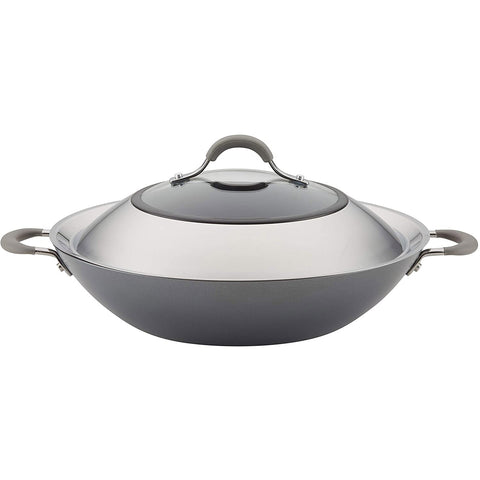 Circulon Elementum Hard Anodized Nonstick Stir Fry Wok Pan with Lid, 14 Inch, Oyster Gray