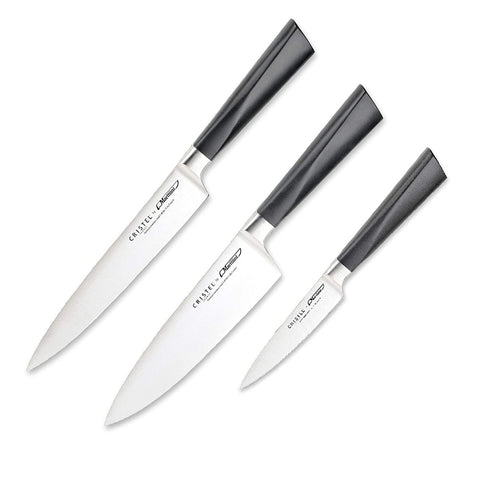 CRISTEL, 1.4116 grade stainless Steel Set of 3 Knives includes: Utility Knife 7", Chef's Knife 6 1/2", Paring Knife 3 1/2", Perfectly balanced, Cristel X Marttiini.