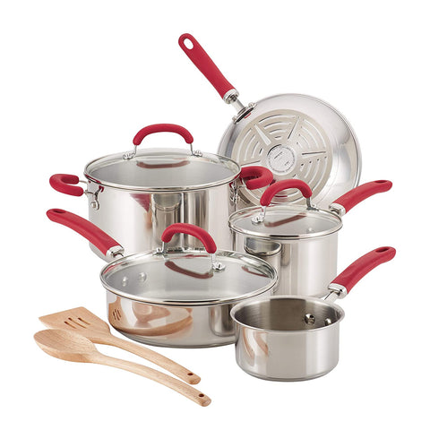 Rachael Ray Create Delicious Stainless Steel Cookware Set, 10-Piece Pots and Pans Set, Stainless Steel with Red Handles