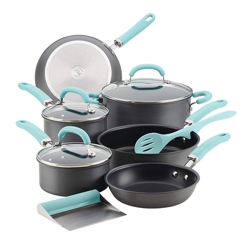 Rachael Ray 11-Piece Hard Anodized Aluminum Cookware Set, Gray with Light Blue Handles