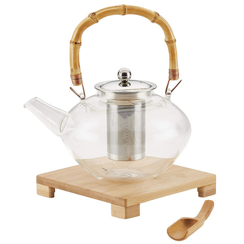 BonJour Tea Glass Zen Teapot with Stainless Steel Infuser and Bamboo Trivet, 34 Ounce, Clear
