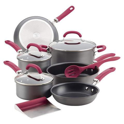 Rachael Ray Create Delicious Hard Anodized Nonstick Cookware Pots and Pans Set, 11 Piece, Gray with Burgundy Handles