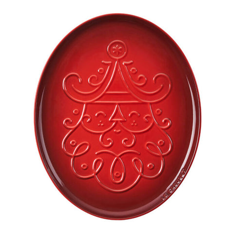 Le Creuset Noel Collection: Oval Santa Cookie Platter - Cerise w/ Embossed Design