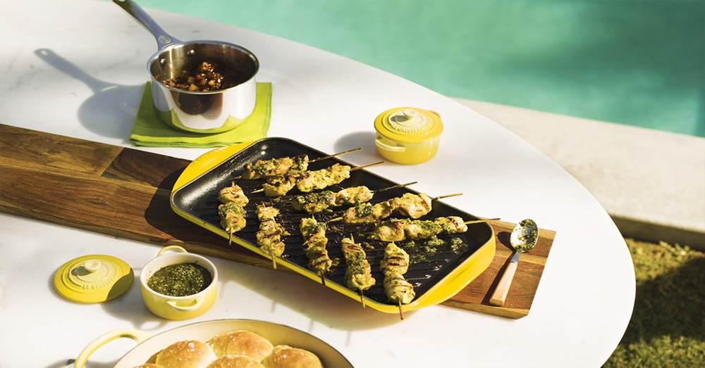 CHICKEN SATAY WITH CHARRED PLUM COMPOTE AND CASHEW PESTO