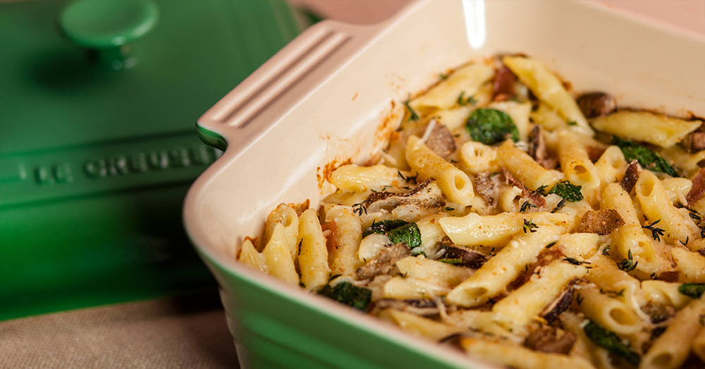 WILD MUSHROOM PASTA BAKE WITH SPINACH AND PROSCIUTTO