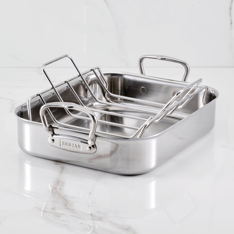 Hestan Provisions Roasters Classic Polished Clad Roaster W/Tension Rack, Small  (14.5"X12"X3") Holds 20Lbs