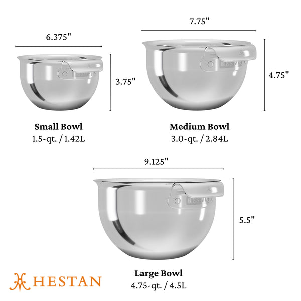 Hestan Provisions 3pc Mixing Bowl Set includes: 1.5qt, 3.0qt, and 4.75qt