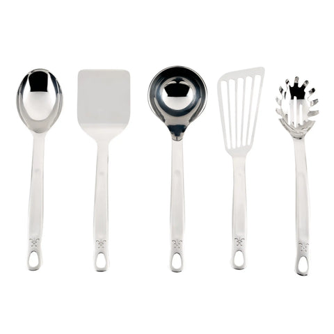 Hestan Provisions Stainless Steel 5Pc Essential Tool SetStainless Steel Solid Spoon, Ladle, Pasta Fork, Turner/Spatula, Fish Spatula