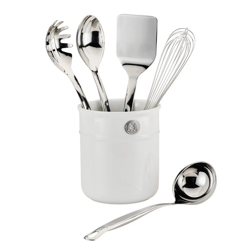 Hestan  Provisions Stainless Steel 6Pc Deluxe Tool Set 
Porcelain Bain Marie, Stainless Steel Solid Spoon, Ladle Pasta Fork, Turner/Spatula, French Whisk