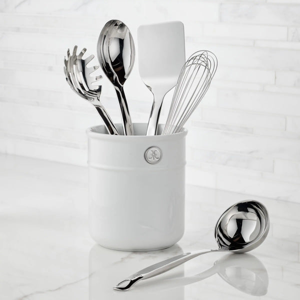 Hestan  Provisions Stainless Steel 6Pc Deluxe Tool Set 
Porcelain Bain Marie, Stainless Steel Solid Spoon, Ladle Pasta Fork, Turner/Spatula, French Whisk