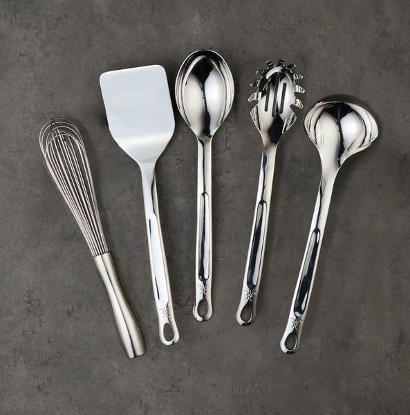 Hestan  Provisions Stainless Steel 6Pc Deluxe Tool Set 
Porcelain Bain Marie, Stainless Steel Solid Spoon, Ladle Pasta Fork, Turner/Spatula, French Whisk