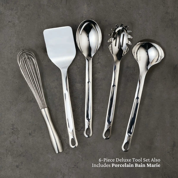 Hestan  Provisions Stainless Steel 6Pc Deluxe Tool Set 
Porcelain Bain Marie, Stainless Steel Solid Spoon, Ladle Pasta Fork, Turner/Spatula, French Whisk