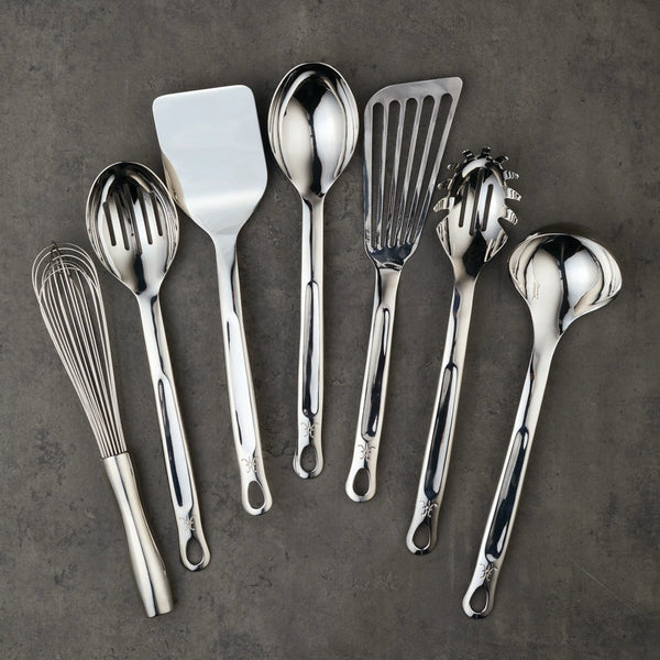 Hestan  Provisions Stainless Steel 8Pc Ultimate Tool Set
Porcelain Bain Marie, Stainless Steel Solid Spoon, Slotted Spoon, Ladle, Turner/Spatula, Pasta Fork, Fish Spatula, 12" French Whisk