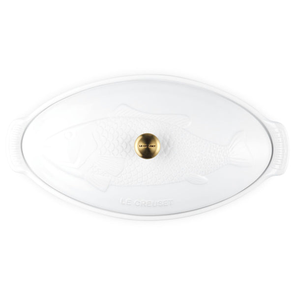 Le Creuset 1.7 qt. Fish Baker w/ Gold Knob - White