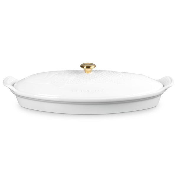 Le Creuset 1.7 qt. Fish Baker w/ Gold Knob - White