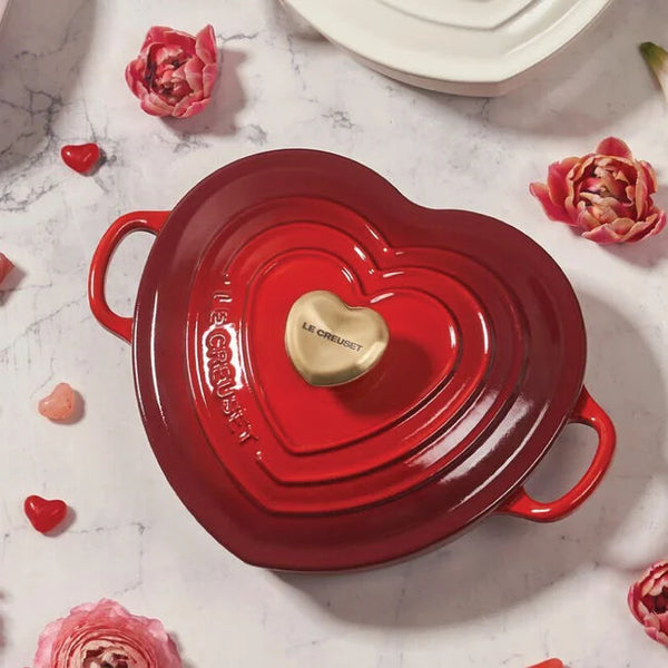 Le Creuset 1.25 qt. Shallow Heart Cocotte with Light Gold Heart Knob - Cerise