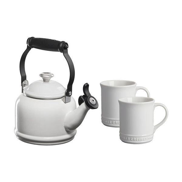 Le Creuset Demi Kettle w/ SS Knob & 2 Mug Set - White