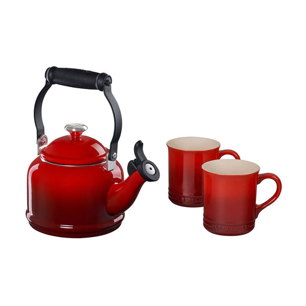 Le Creuset Demi Kettle w/ SS Knob & 2 Mug Set - Cerise
