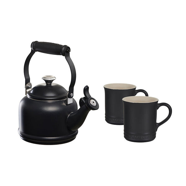 Le Creuset Demi Kettle w/ SS Knob & 2 Mug Set - Licorice