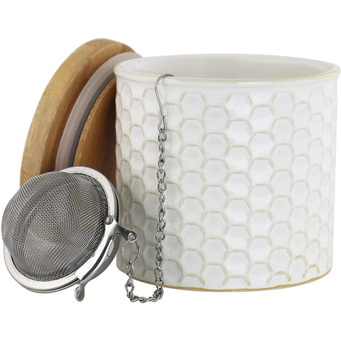 Chantal Honeycomb Tea Caddy w/ Bamboo Lid & Stainless Steel Tea Ball Infuser - White