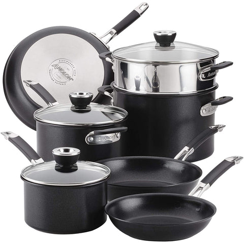 Anolon, Black SmartStack Hard-Anodized Nesting Pots and Pans Cookware Set, 10-Piece, Black, 23.5 x 14 x 13.5 inches