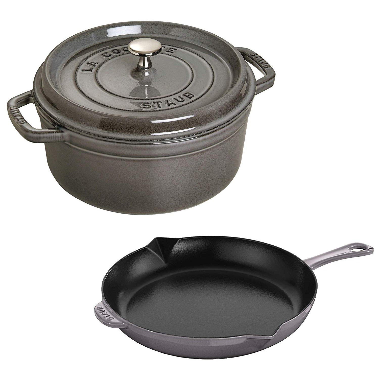 Staub Cast Iron 3-pc Cocotte and Fry Pan Set-Graphite Grey