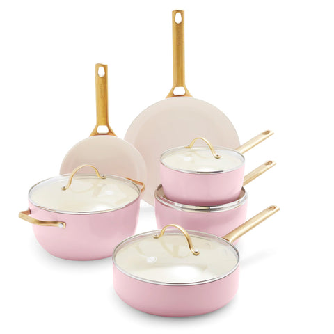Green pan Reserve Ceramic Nonstick 10-Piece Cookware Set - Blush with Gold-Tone Handles