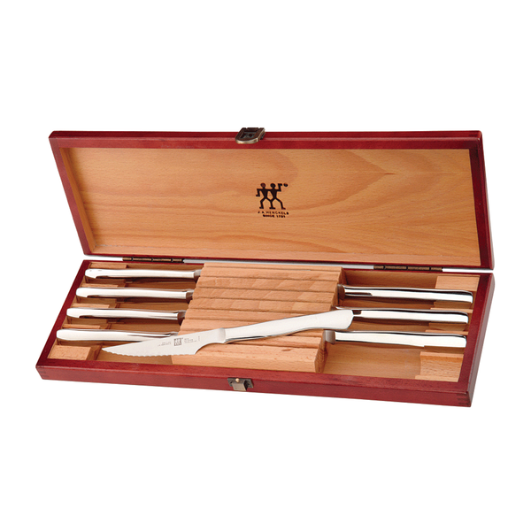 ZWILLING J.A. HENCKELS 8-PIECE STAINLESS STEEL SERRATED STEAK KNIFE SET WITH WOOD PRESENTATION CASE