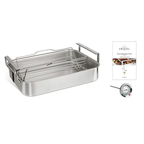 CRISTEL, 18-10 stainless Steel Roaster, 3-Ply construction, Shinny Finish, Dishwasher oven safe, all hobs + induction, Extras collection, MADE IN France 15" x 12.5" x 3".