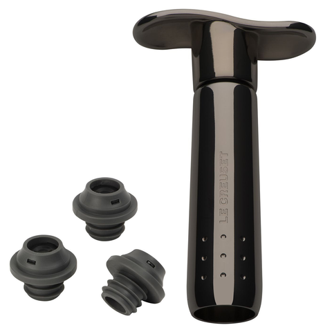 LE CREUSET WINE PUMP AND 3 STOPPERS - BLACK NICKEL