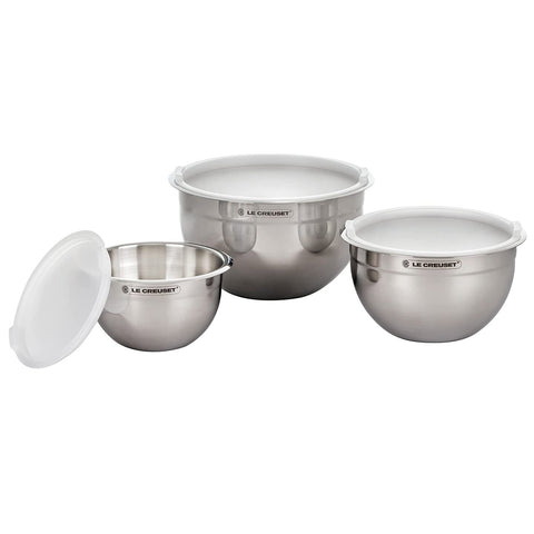 Le Creuset Set of 3 Nested Mixing Bowls w/ Nonslip Silicone Base & Plastic Air Tight Lids