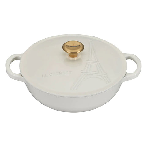 Le Creuset Signature Cocotte - White w/ Eiffel Tower Embossed Lid & Gold Knob
