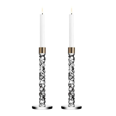 Orrefors Carat 11-5/8" Crystal/Brass Candlesticks, Pair