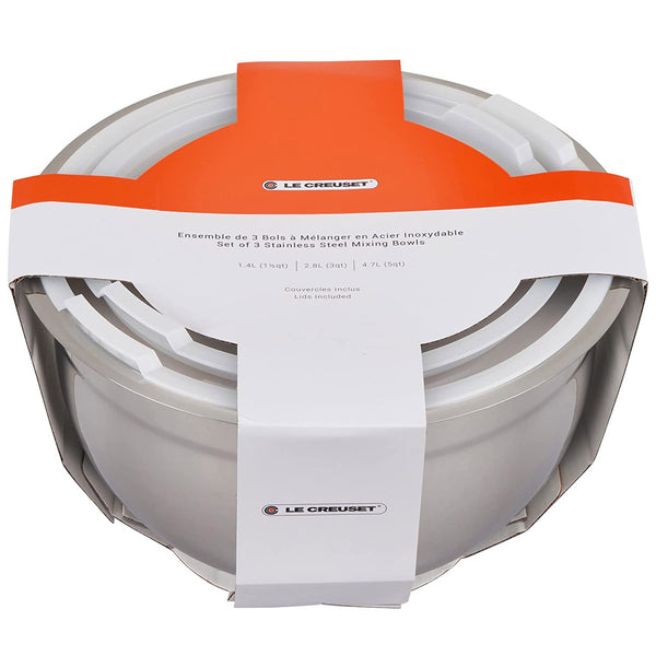 Le Creuset Set of 3 Nested Mixing Bowls w/ Nonslip Silicone Base & Plastic Air Tight Lids