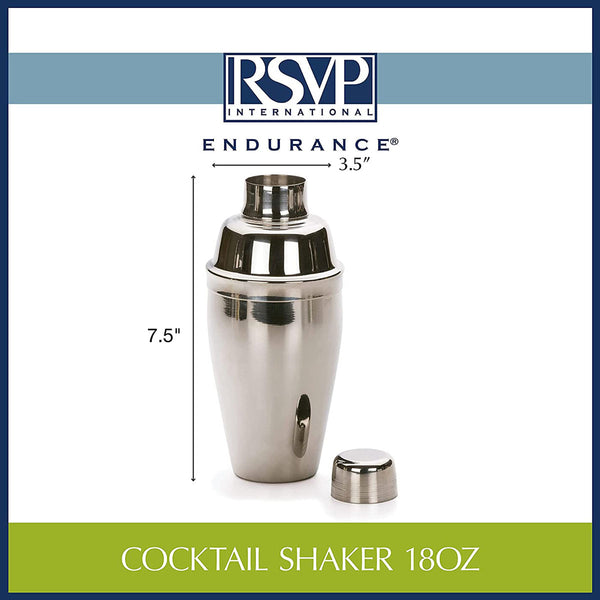 RSVP International Stainless Steel Cocktail Shaker, 18 Ounce | Shake Margaritas, Cosmos, Manhattans, Martinis & More | Modern Design with Large Straining Holes | Dishwasher Safe