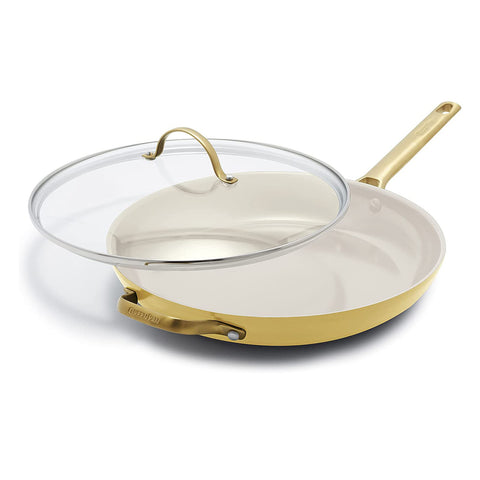 GreenPan Reserve 12" Frying Pan Skillet with Helper Handle and Lid, Gold Handle, Sunrise Yellow