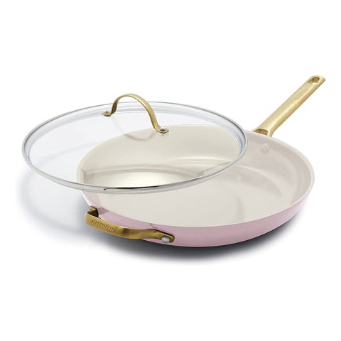 GreenPan Reserve 12" Frying Pan Skillet with Helper Handle and Lid, Gold Handle, Blush Pink