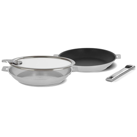 Cristel Strate 4 Piece Frying pan Set with 9.5" non-stick frying pan, 11" frying pan + lid and long handle, Brushed Finish