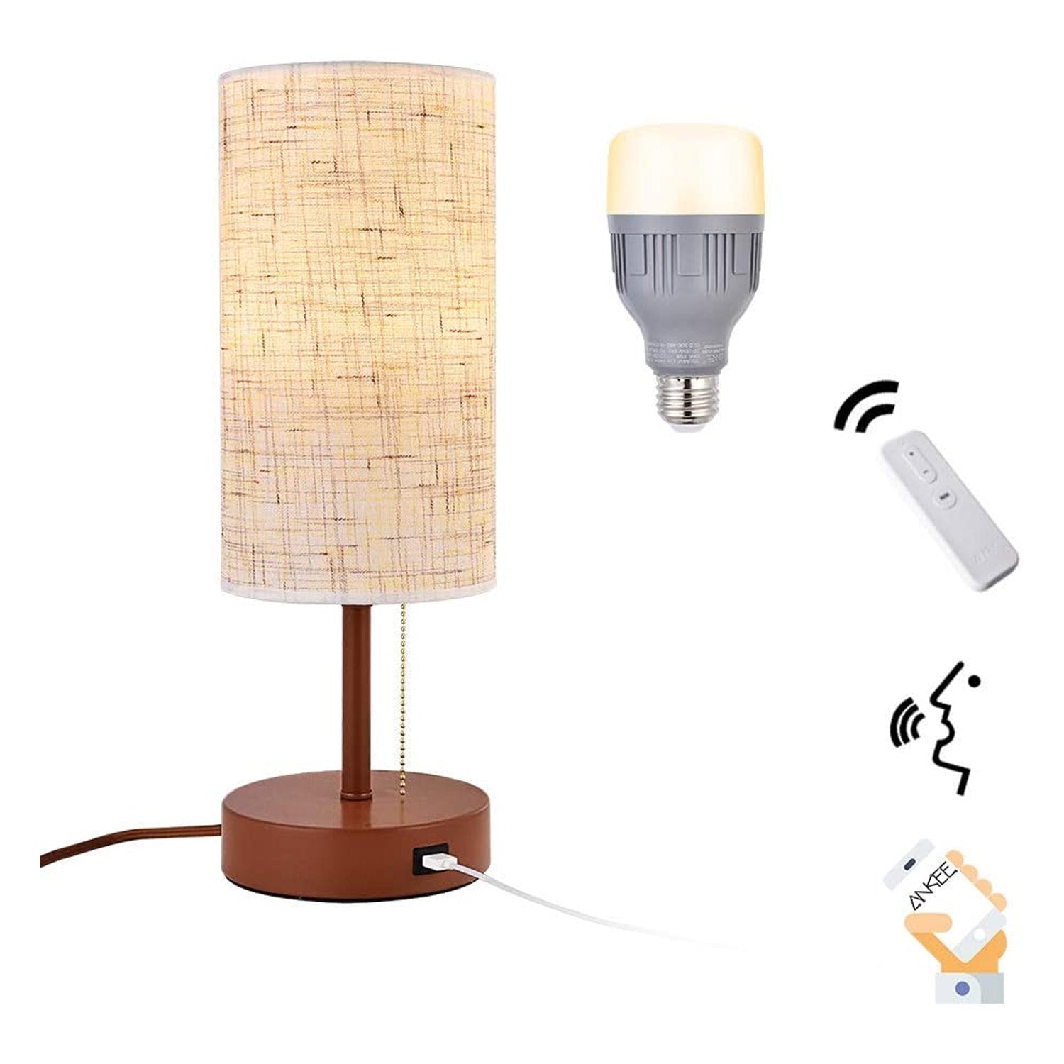 Ankee Smart Table Lamp Cylindrical Nightstand Lamp with LED and USB Port Works with Google Assistant or Amazon Alexa