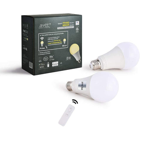 ANKEE Smart LED Bulbs w/Remote Control Dimmable, Warm White Lighting | No Hub Wi-Fi Connectivity | Smartphone App, Alexa, Google Assistant Compatible | 8W (1 Prime + 1 Minor Bulb)