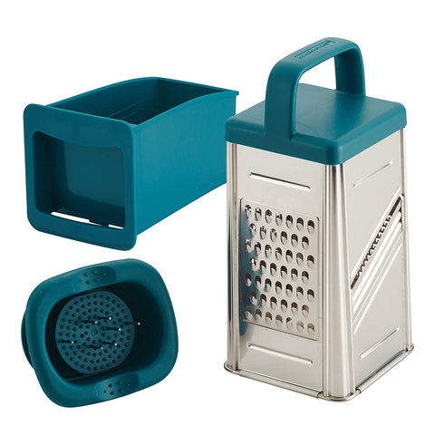 Rachael Ray Tools and Gadgets Stainless Steel Box Grater for Vegetables, Chocolate, Hard Cheeses, and more, Teal Blue