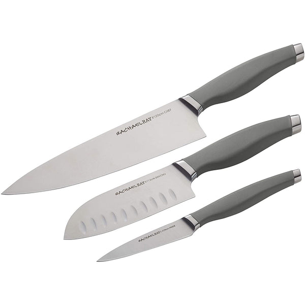 Rachael Ray Cutlery Japanese Stainless Steel Knives Set with Sheaths, 8-Inch Chef Knife, 5-Inch Santoku Knife, and 3.5-Inch Paring Knife, Gray