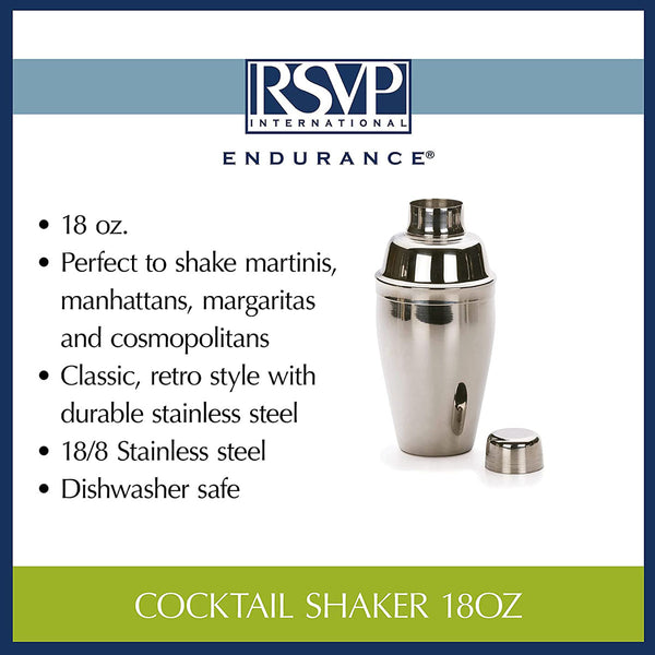 RSVP International Stainless Steel Cocktail Shaker, 18 Ounce | Shake Margaritas, Cosmos, Manhattans, Martinis & More | Modern Design with Large Straining Holes | Dishwasher Safe